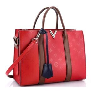 Louis Vuitton Very tote monogram red leather MM, with navy & brown